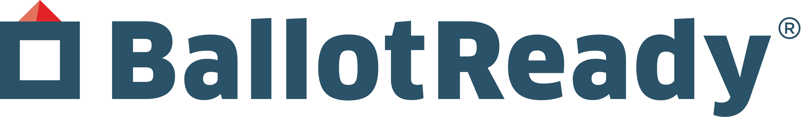 Symbol of a ballot box with the word brand "Ballot Ready" to the left of it